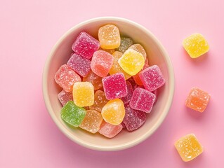 Candy cubes in a bowl, isolated on a pastel pink background, top view. Colorful marmalade sweets with a sugar glaze, perfect for a kids' snack or a delicious confectionery treat. 