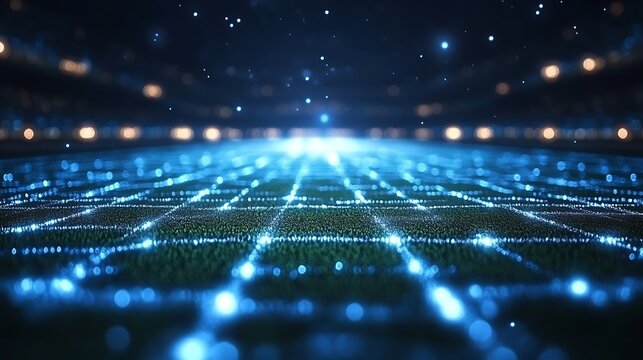 Abstract Futuristic Soccer Field Lit With Blue Digital Light - Powered by Adobe