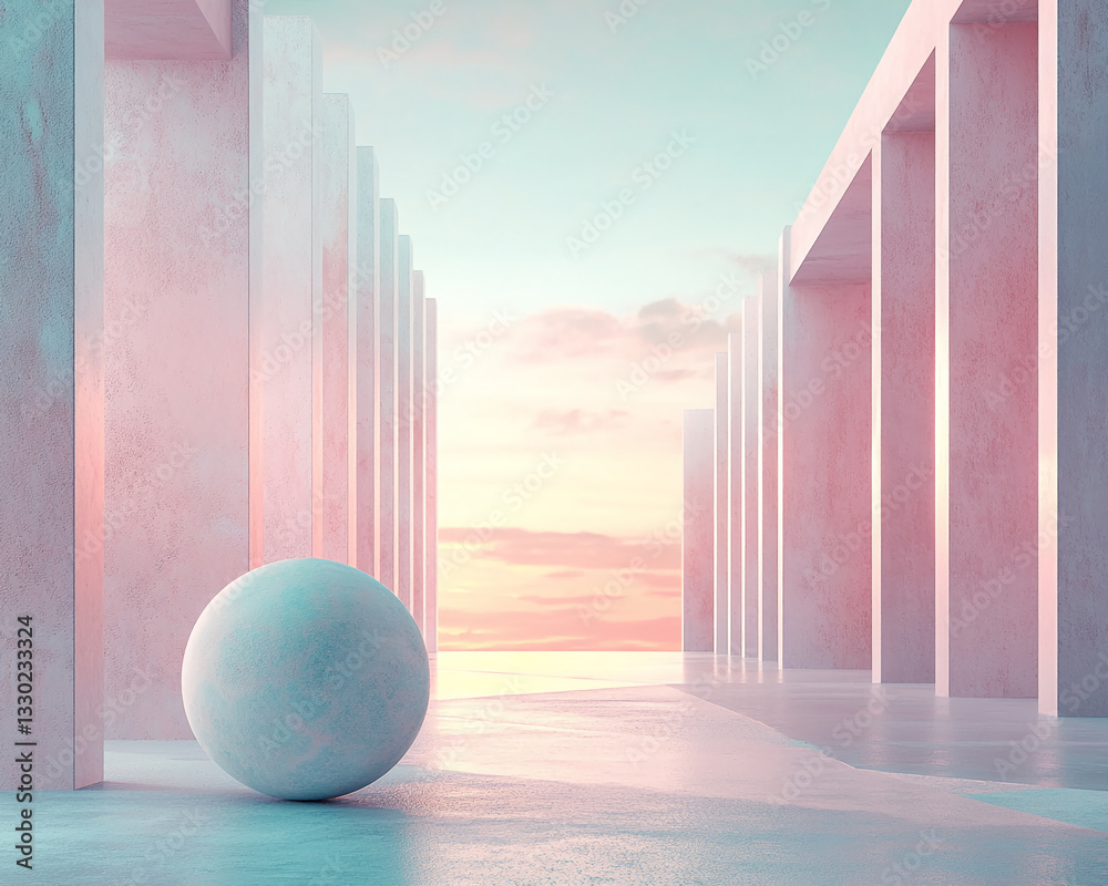 Poster pastel pink and blue architectural scene with a smooth sphere, showcasing a minimalist and serene ae