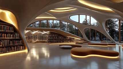 Curving Library Interior: A 3D Render of a Modern Reading Space AI Generated