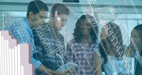 Collaborating in office, diverse group using animation with digital data overlay - Powered by Adobe