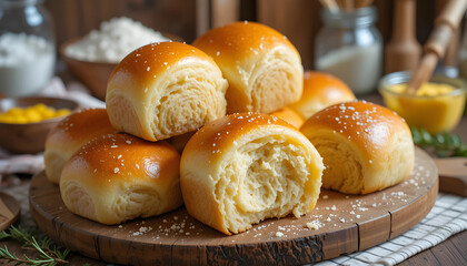 Golden Brown Pull-Apart Dinner Rolls with Fluffy Interior on Rustic Wooden Board