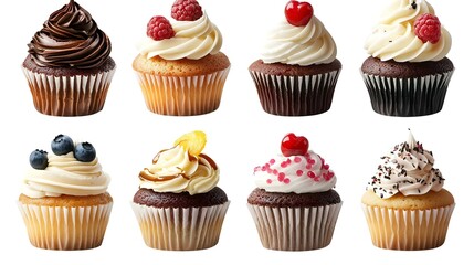 Set of different cupcakes isolated on white