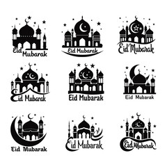 Fototapeta premium Eid Mubarak Calligraphy silhouette Vector Set with Mosque and Crescent Moon