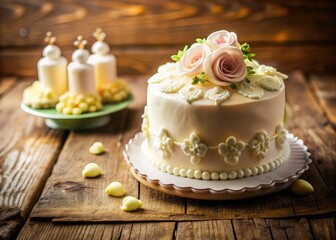 Naklejka premium Newborn Baptism Cake Photography: Close-up White Cake Rustic Wooden Table Low Light