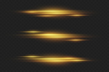 Set of horizontal glare and laser beams. Light sparkle effects.