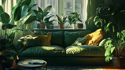 Serene Living Room: Lush Greenery & Cozy Sofas, 8K Photorealistic Interior Design calm home couch   