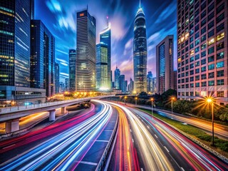 Obraz premium Night City Lights Trails Photography - Modern Metropolis Evening Skyline