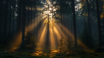 Obraz premium Sunbeams illuminating a misty forest.