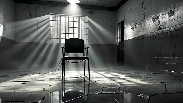 Empty Interrogation Room with a Single Chair Under Spotlight, Dramatic Crime and Mystery Scene