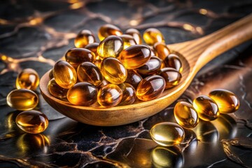 Night Photography: Luxurious Fish Oil Capsules, Glossy Finish, Health Benefits, Wooden Spoon, Marble