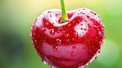 Ripe cherry with glossy red skin and water droplets, green stem, isolated on blurred background. Freshness and natural beauty in focus.
