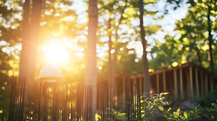 Fototapeta premium Construction site, helmet in nature, sunny day