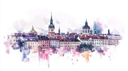 Obraz premium Watercolor Warsaw Skyline Poland - A picturesque watercolor painting of Warsaw's cityscape, showcasing its architecture, charm, and vibrancy. Symbolizing history, beauty, culture, travel