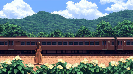 Fototapeta premium Girl awaits train, scenic mountains