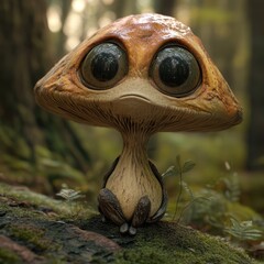 Fototapeta premium Anthropomorphic mushroom with large expressive eyes and an orange-brown textured cap standing on a mossy forest floor, amidst a lush and vibrant forest background