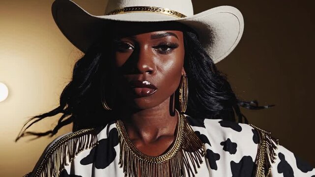 Stylish close-up portrait of a confident Black woman dressed in Western-inspired fashion
