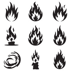 Big set of fire flame vector icons. Collection of fire and flame icons. Bonfire icons, flaming elements.
 Flame Editable Stroke Line Icons Classic silhouette flame. Black fire set isolated on Fire ico