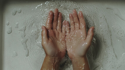 Fototapeta premium Overhead shot of hands cupping water, droplets splashing, clean sink surface. Pure realism, natural flow.
