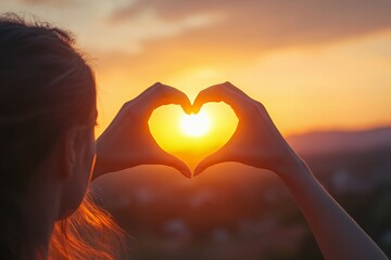 Woman s Hands Forming Heart Shape at Sunset Golden Hour Love Nature