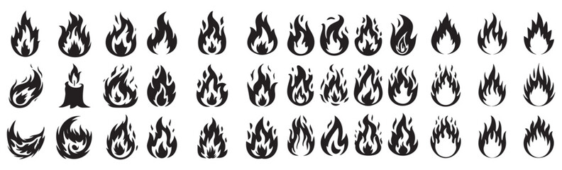 Big set of fire flame vector icons. Collection of fire and flame icons. Bonfire icons, flaming elements.  Flame Editable Stroke Line Icons Classic silhouette flame. Black fire set isolated on Fire ico © logodesign11