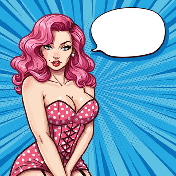 Pop Art Pin-Up Woman with Vibrant Pink Hair in Retro Polka Dot Corset &ndash; Comic-Style Digital Illustration