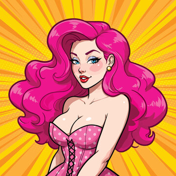 Pop Art Pin-Up Woman with Vibrant Pink Hair in Retro Polka Dot Corset &ndash; Comic-Style Digital Illustration