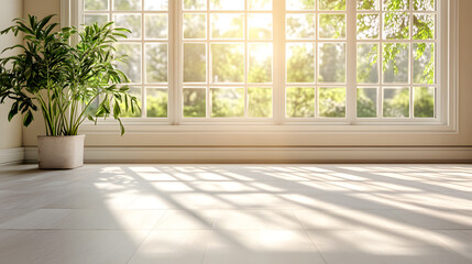 Lush green plant positioned in a minimalist room with triangular motifs creating a harmonious and inviting space.