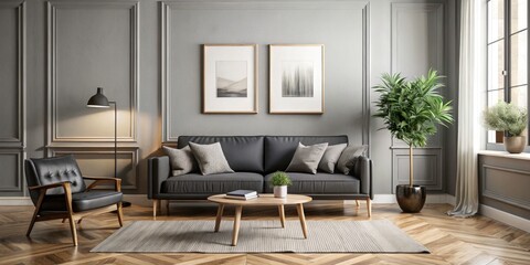 Fototapeta premium Scandinavian Living Room Mockup: Monochromatic A2 Poster, Black Sofa, Vintage Photo Style