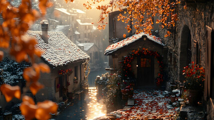 Snowy Autumn Town