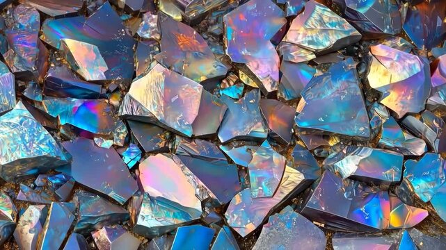 Iridescent Opal crystal shards displaying a spectrum of colors, reflecting light in various angles. The surface is shiny and fragmented, creating a mesmerizing mineral pattern texture macro.