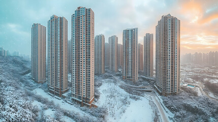 Snowy cityscape of high-rise buildings