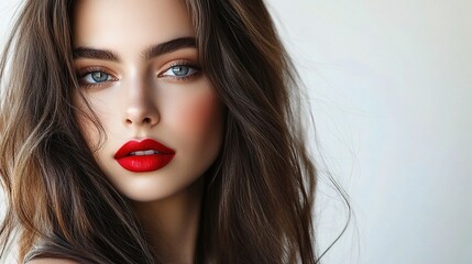 Fototapeta premium Stunning Brunette Woman with Long Hair and Red Lips