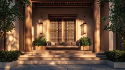 Elegant outdoor seating area with wooden pillars and a lattice window