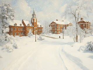 Fototapeta premium Snowy campus scene, winter wonderland