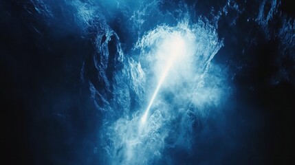 Celestial beam piercing dark, swirling clouds