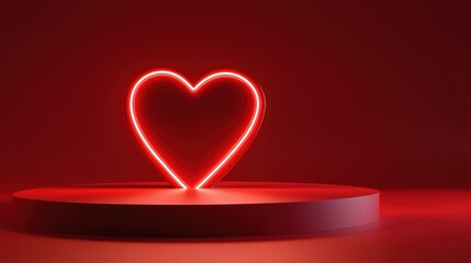 Glowing red neon heart on a red platform against a red background