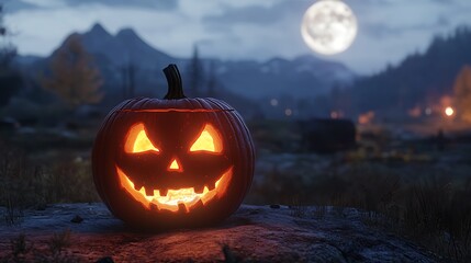 Jack-o'-lantern in spooky Halloween night landscape.