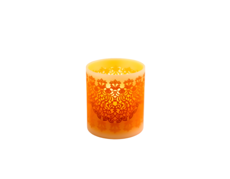Burning wax candle with oriental pattern isolated on transparent background