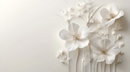 Intricate white paper flowers and foliage create a delicate, minimalist floral arrangement against a light background