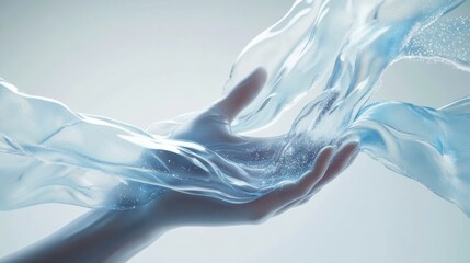A hand gently cradles flowing, translucent liquid, shimmering with light