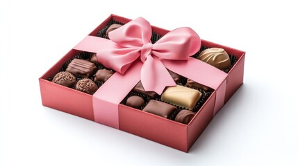 Obraz premium Elegant red box filled with assorted chocolates, adorned with a pink satin ribbon