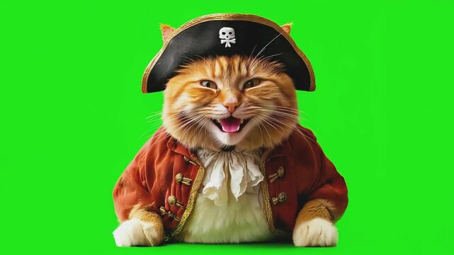a cute chubby adorable orange cat dress in pirate black hat, red costume and pirate's eye patch, smiling smiley face on green screen background, chroma key greenscreen, funny playful pet