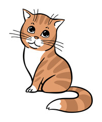 Cute striped ginger cat. Domestic animal pet. Cartoon vector illustration isolated on white background. Hand drawn outline