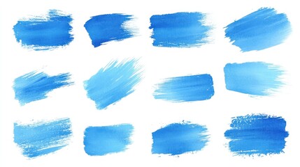 Collection of twelve vibrant blue watercolor brush strokes on white background, varying in shape and texture