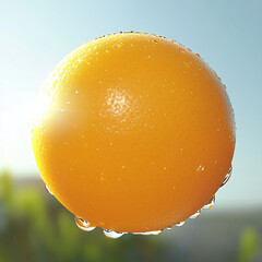 A close-up of a juicy orange with water droplets and sunlight.