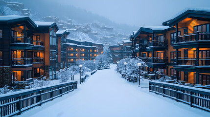 Snowy mountain town at dusk