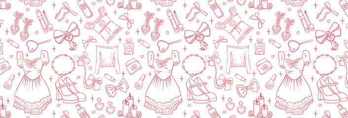 Seamless pattern with cute coquette vintage girly clothes, jewelry, bows, and cosmetics. Hand drawn background in doodle style. Vector drawing for invitation, scrapbooking, postcard or cover of diary.