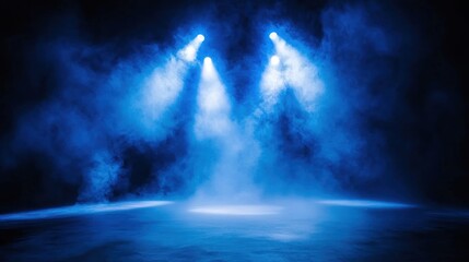 Fototapeta premium Dark stage with three blue spotlights cutting through thick fog