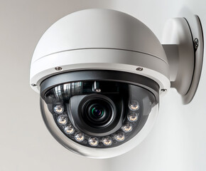 Surveillance camera on white wall for indoor or commercial monitoring
